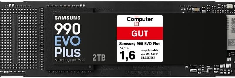 Samsung 990 EVO Plus NVMe M.2 SSD 2TB, PCIe 4.0 x4 / PCIe 5.0 x2, NVMe 2.0 (2280), 7.250 MB/s Lesen, 6.300 MB/s Schreiben, interne SSD für Gaming und Grafikbearbeitung – MZ-V9S2T0BW