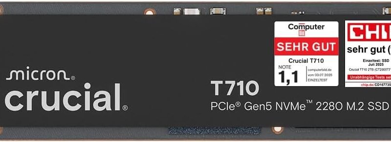 Crucial T710 SSD 4TB M.2 NVMe PCIe 5.0 x4 Gen5, bis zu 14.500 MB/s Lesen, 13.800 MB/s Schreiben, für Laptop und Desktop-PC, TLC-NAND, interne Festplatte – CT4000T710SSD8-01