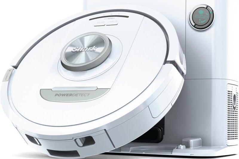 Shark PowerDetect Saugroboter mit Absaugstation, selbstreinigend, automatische Entleerung bis zu 60 Tage, für Tierhaare, Teppiche und Hartböden, mit 3D- & LiDAR-Navigation, 14,5 cm flach – Weiß