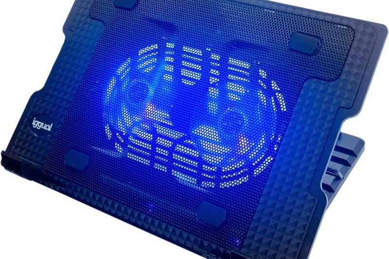 iggual tragbare Laptop-Kühlbasis bis 17″ mit 2 leisen Lüftern und Handyhalter, höhenverstellbar in 4 Stufen mit blauer LED-Beleuchtung, inklusive USB-A-Kabel (RP2V17A)
